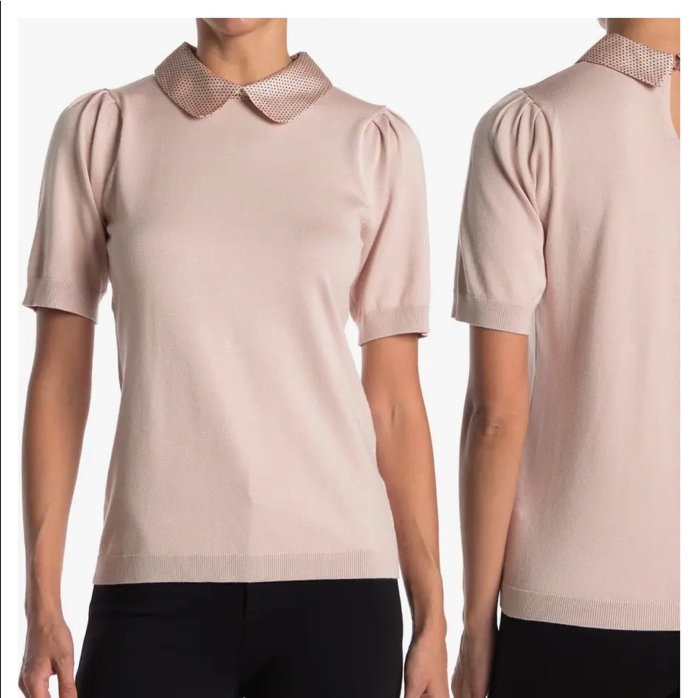 Adrianna Papell Hammered Satin Collar Short Sleeve Sweater
